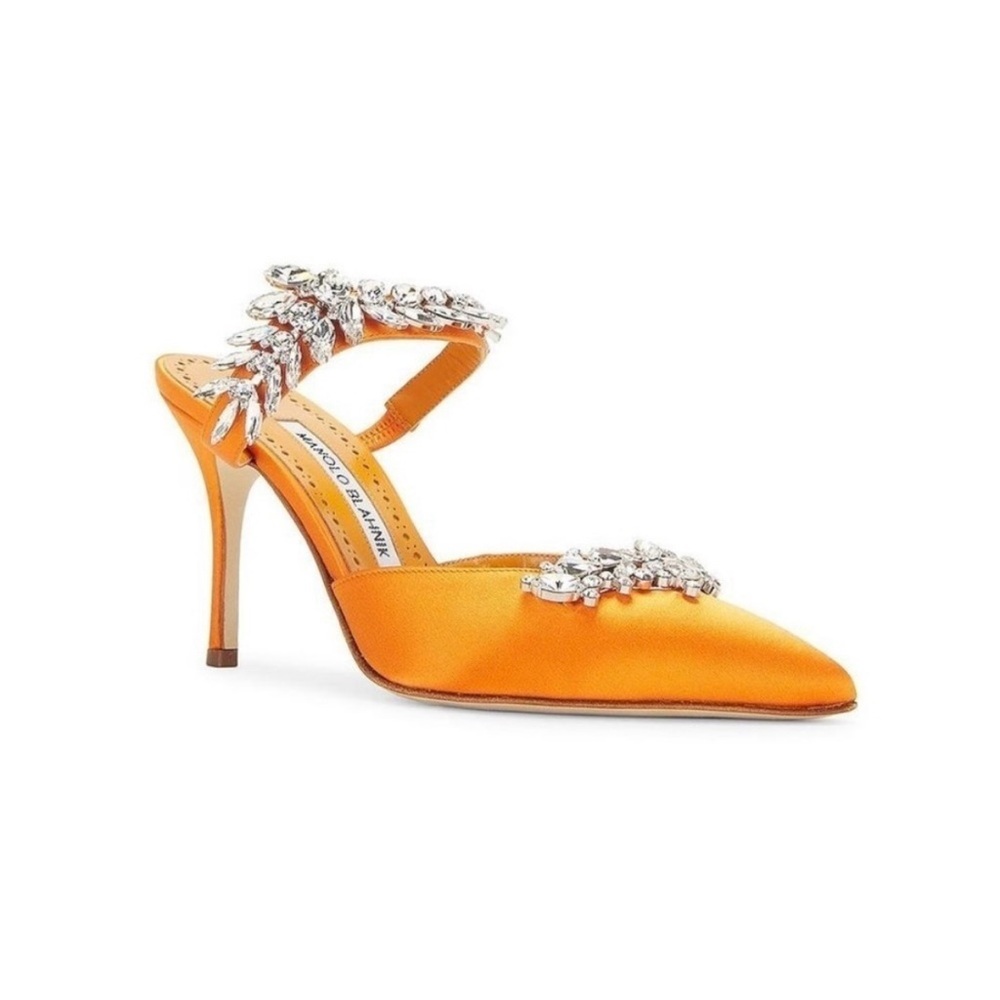 Manolo Blahnik Orange Lurum Crystal Satin Mules Heel - Picture 2 of 10